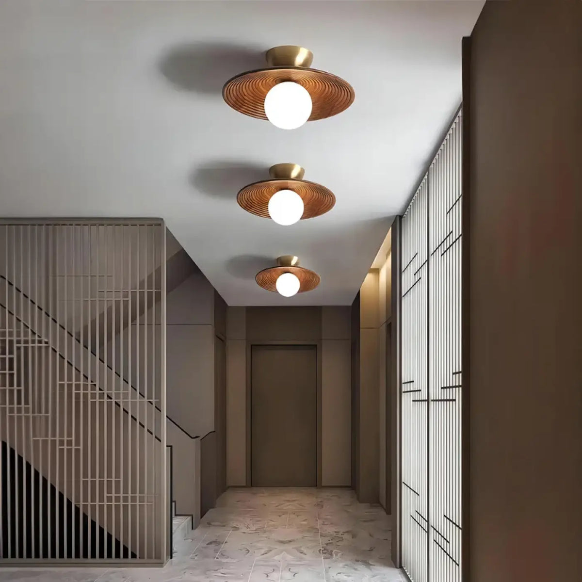 Plafonnier LED en bois teinte noix et fer, quatre modèles