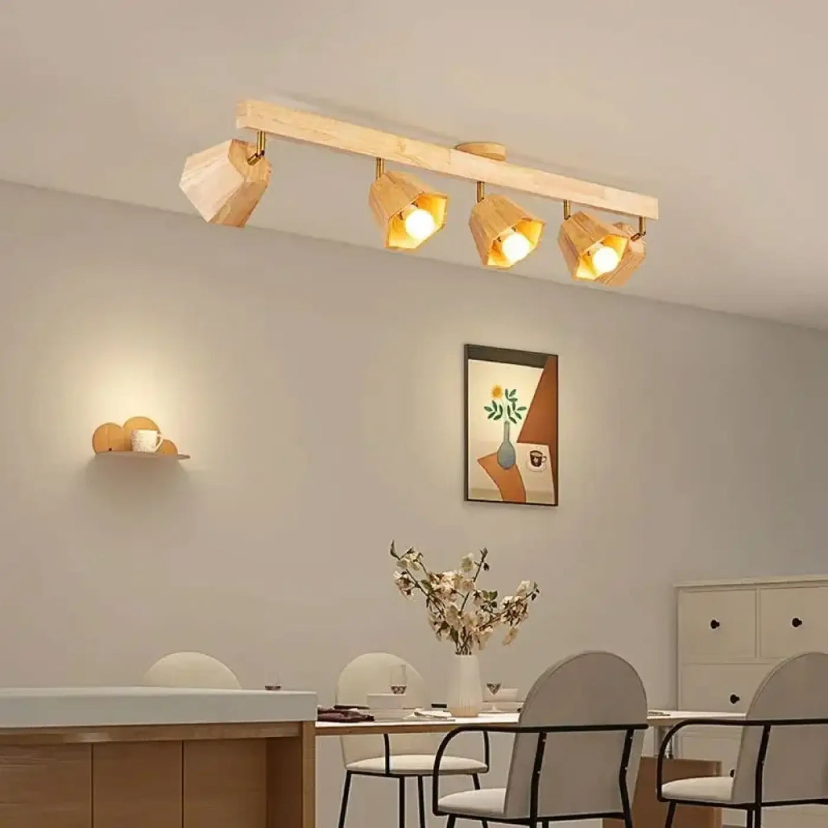Plafonnier spots LED orientables sur bois, une à quatre têtes