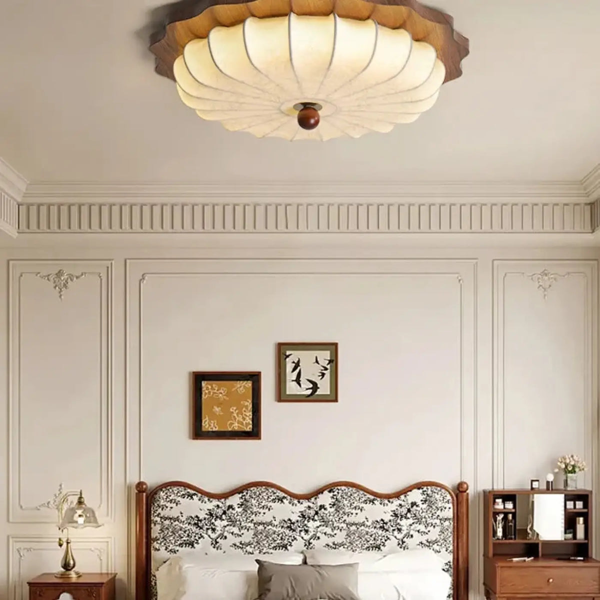 Plafonnier lanterne en bois et tissu, style vintage, trois tailles