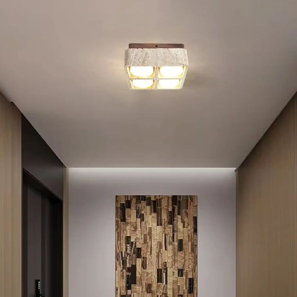 Plafonnier carré en pierre et bois brut, blanc chaud ou froid