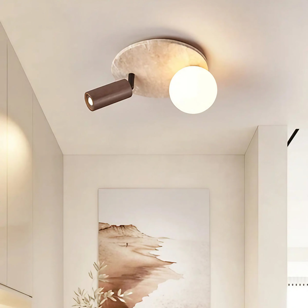 Plafonnier en pierre et bois, beige ou marron, marron