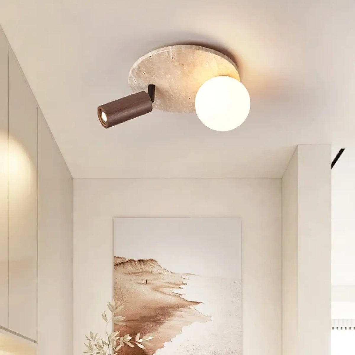 Plafonnier en pierre et bois, beige ou marron, marron