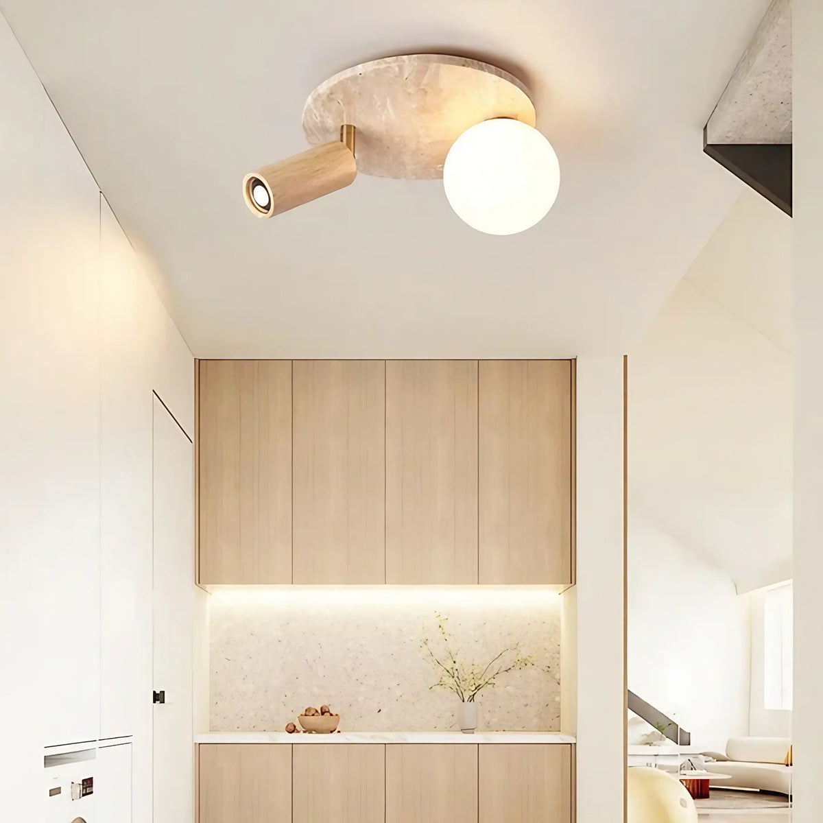 Plafonnier en pierre et bois, beige ou marron, beige