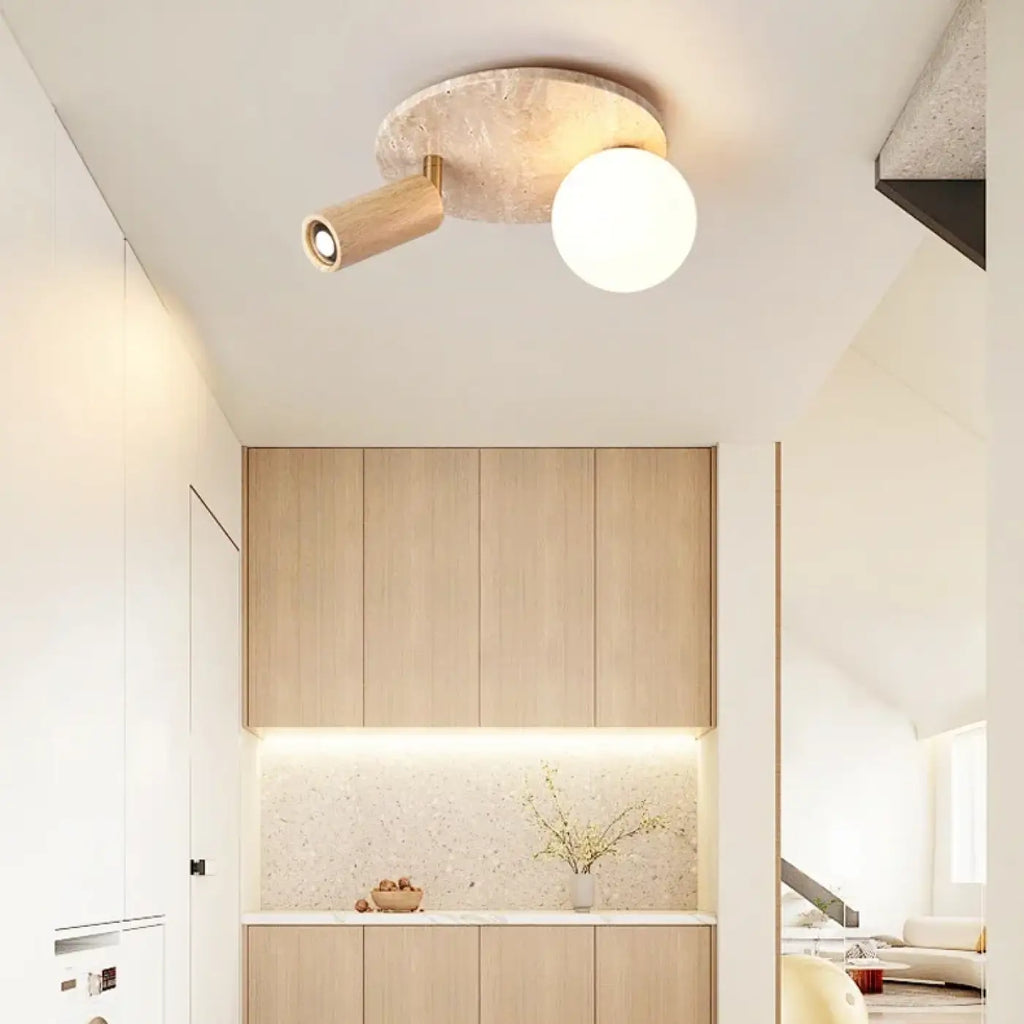 Plafonnier en pierre et bois, beige ou marron, beige