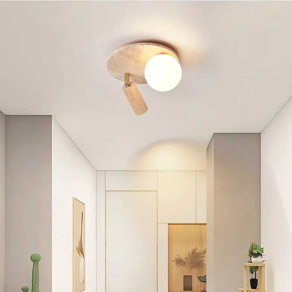Plafonnier en pierre et bois, beige ou marron