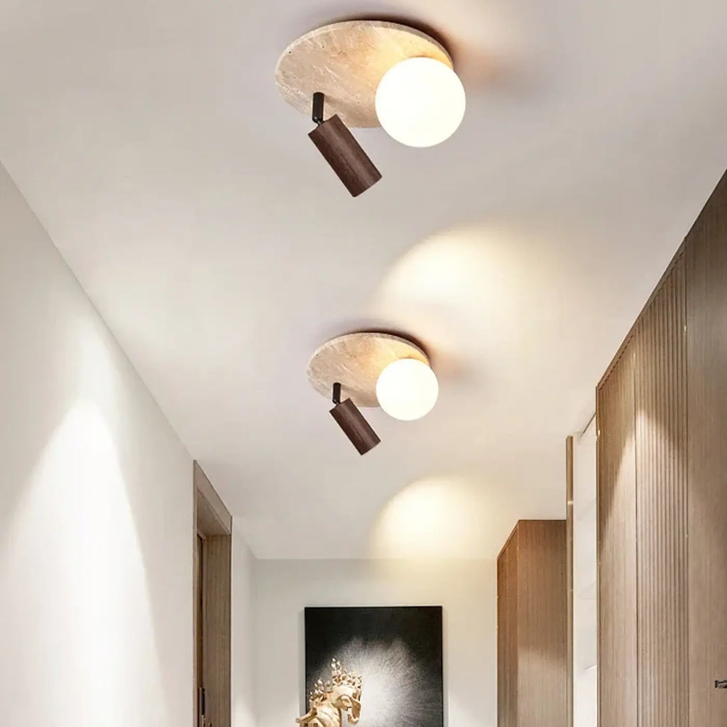 Plafonnier en pierre et bois, beige ou marron