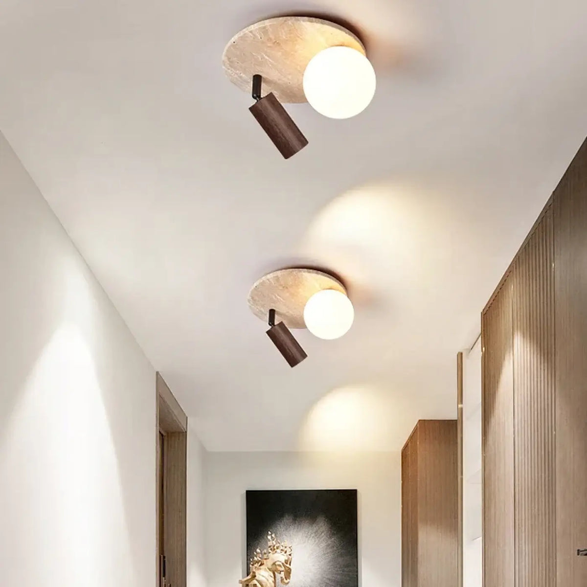 Plafonnier en pierre et bois, beige ou marron