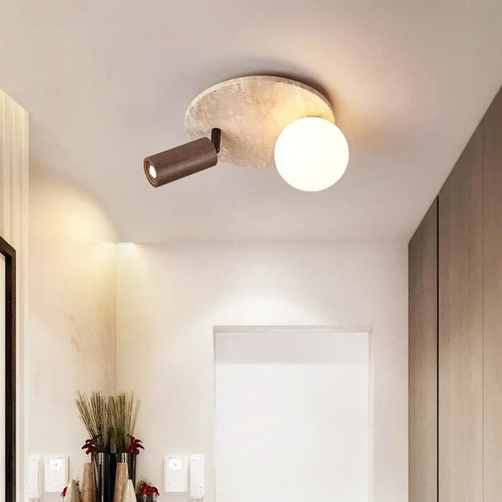 Plafonnier en pierre et bois, beige ou marron