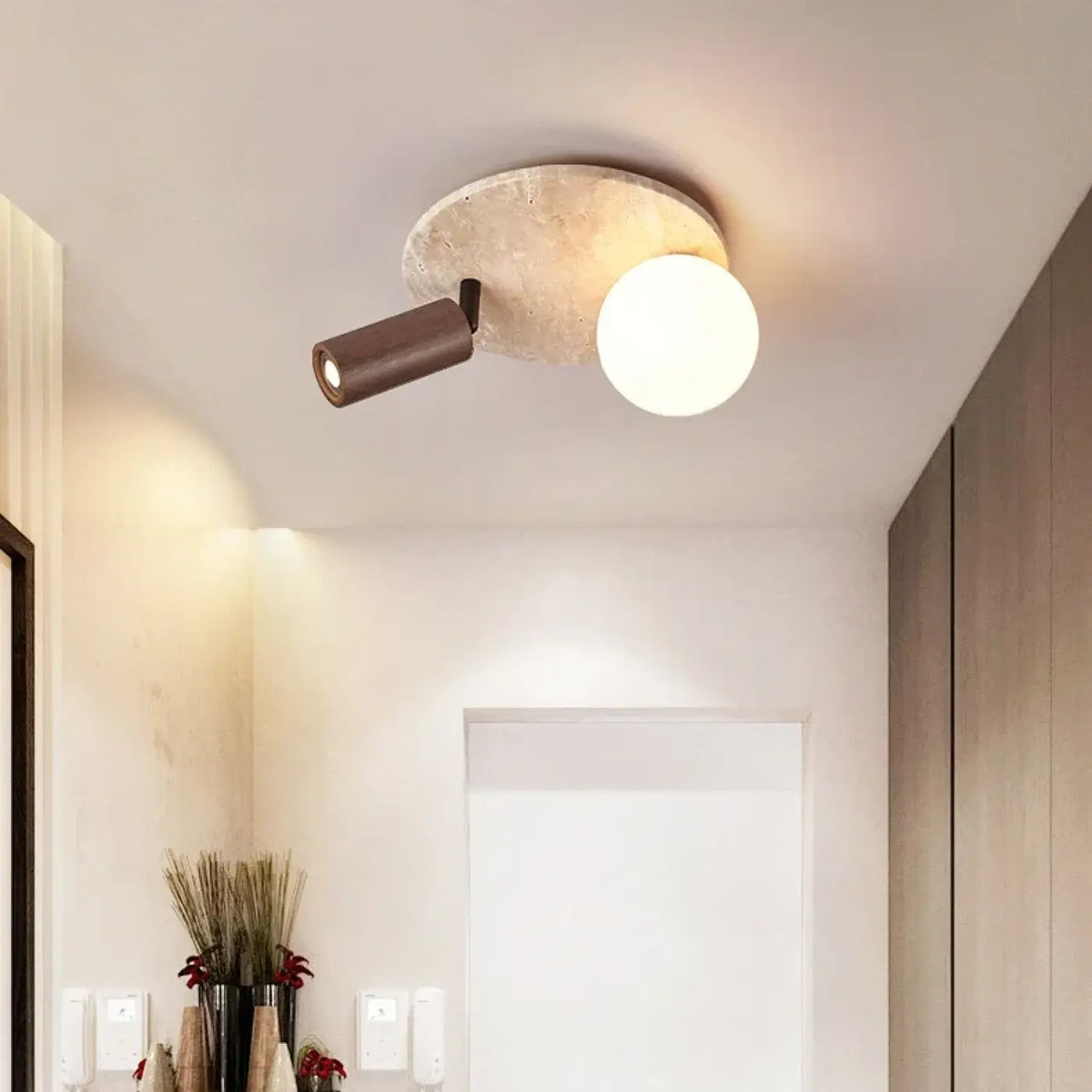 Plafonnier en pierre et bois, beige ou marron