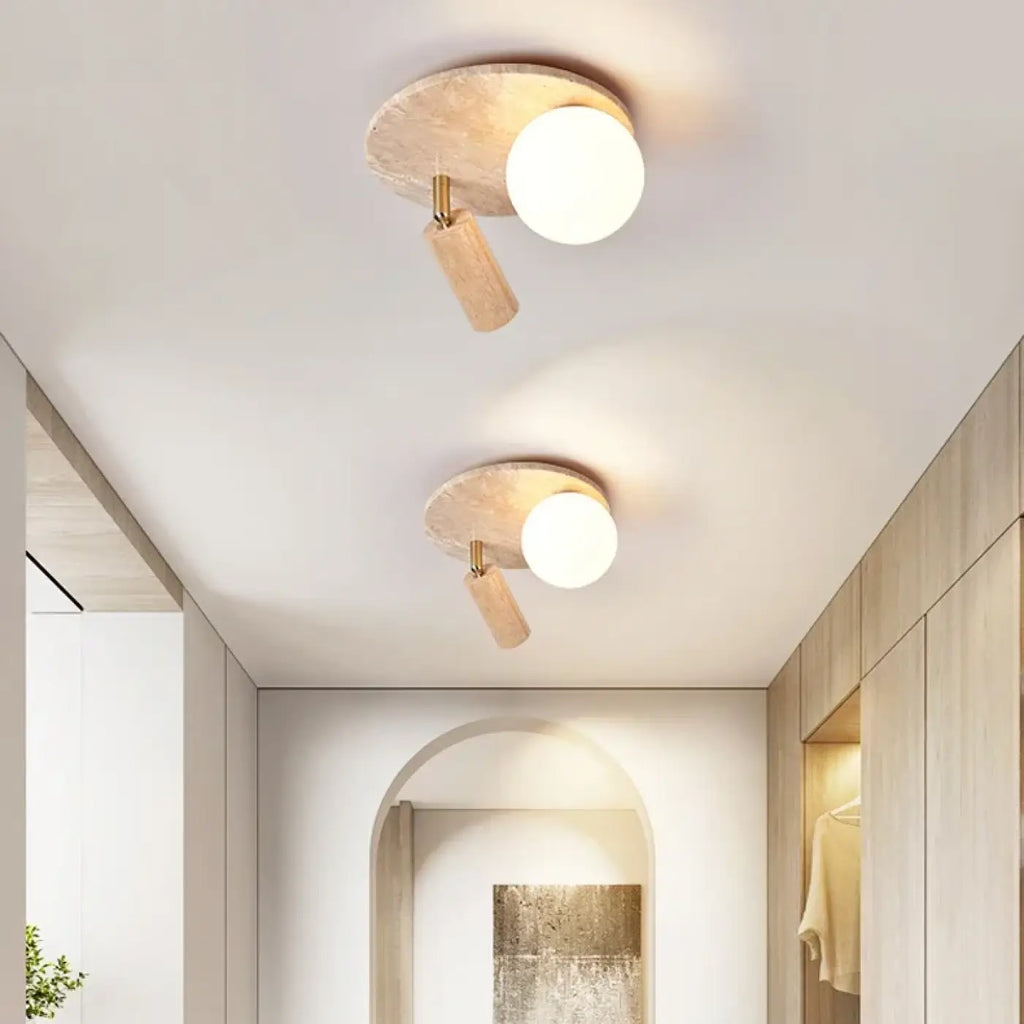 Plafonnier en pierre et bois, beige ou marron