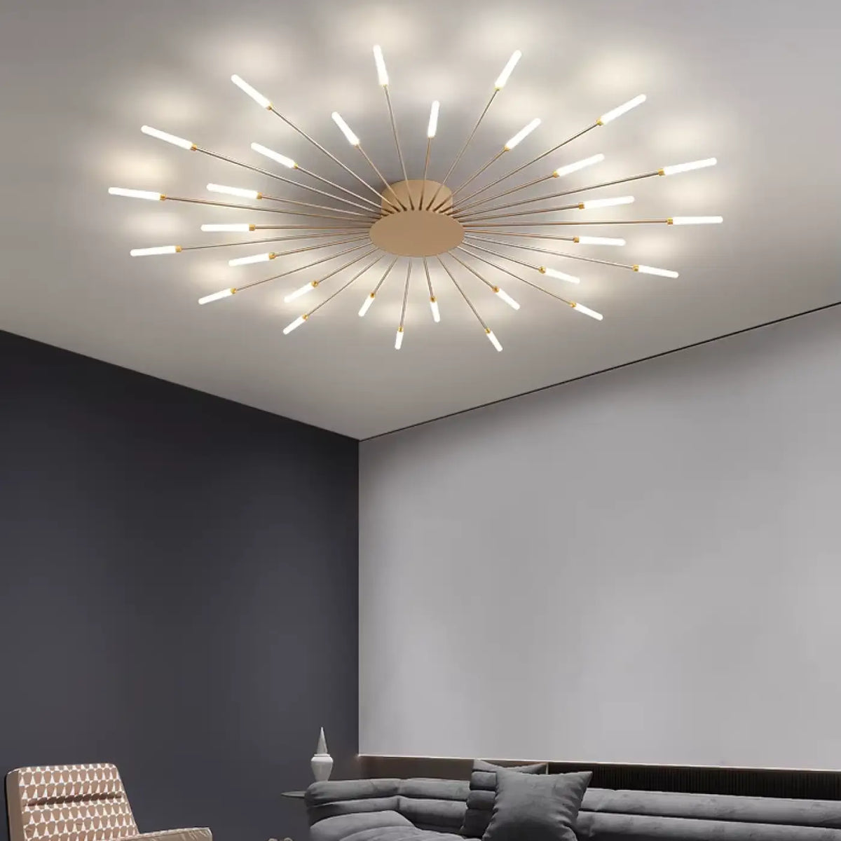 Plafonnier design à tubes lumineux rayonnants, noir ou doré