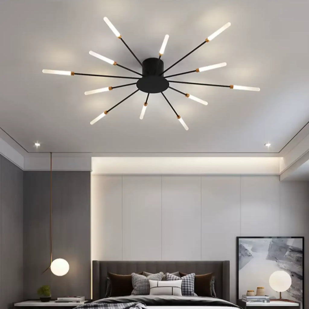 Plafonnier design à tubes lumineux rayonnants, noir ou doré