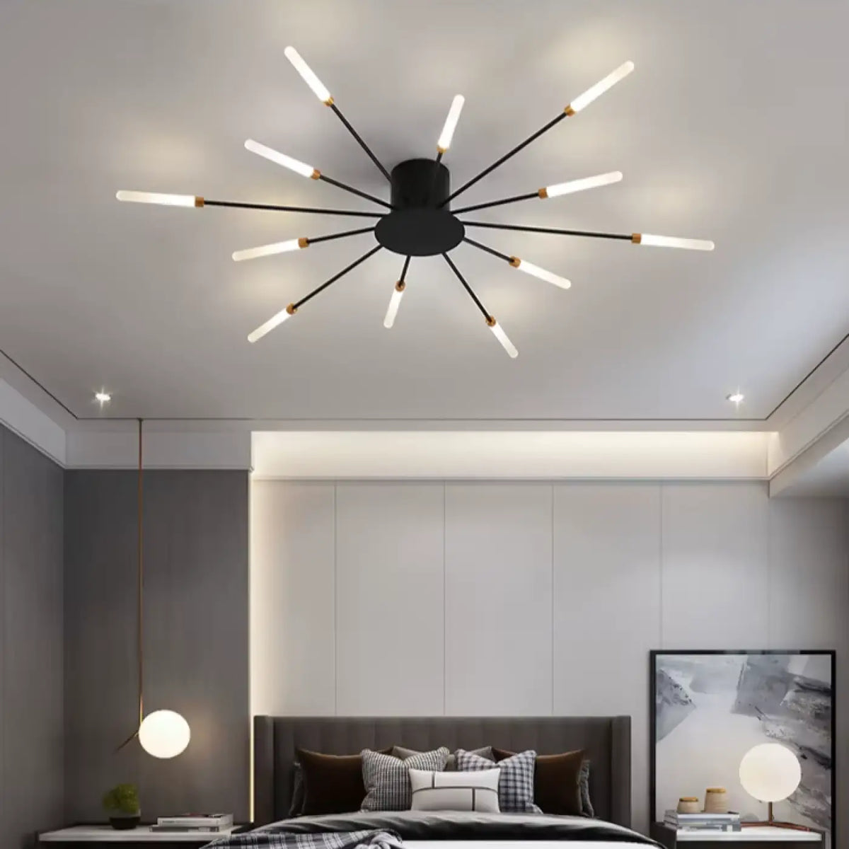 Plafonnier design à tubes lumineux rayonnants, noir ou doré