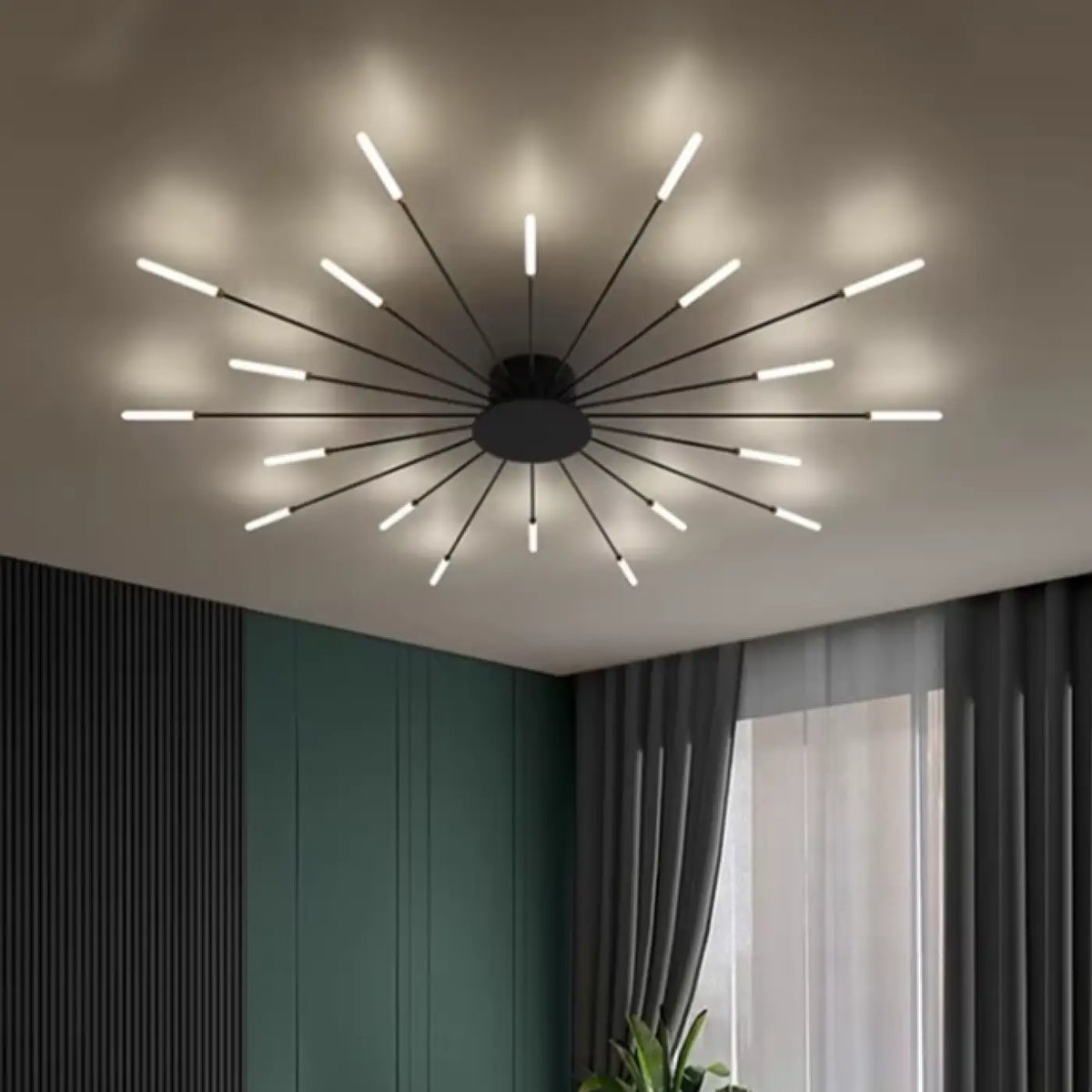 Plafonnier design à tubes lumineux rayonnants, noir ou doré, noir