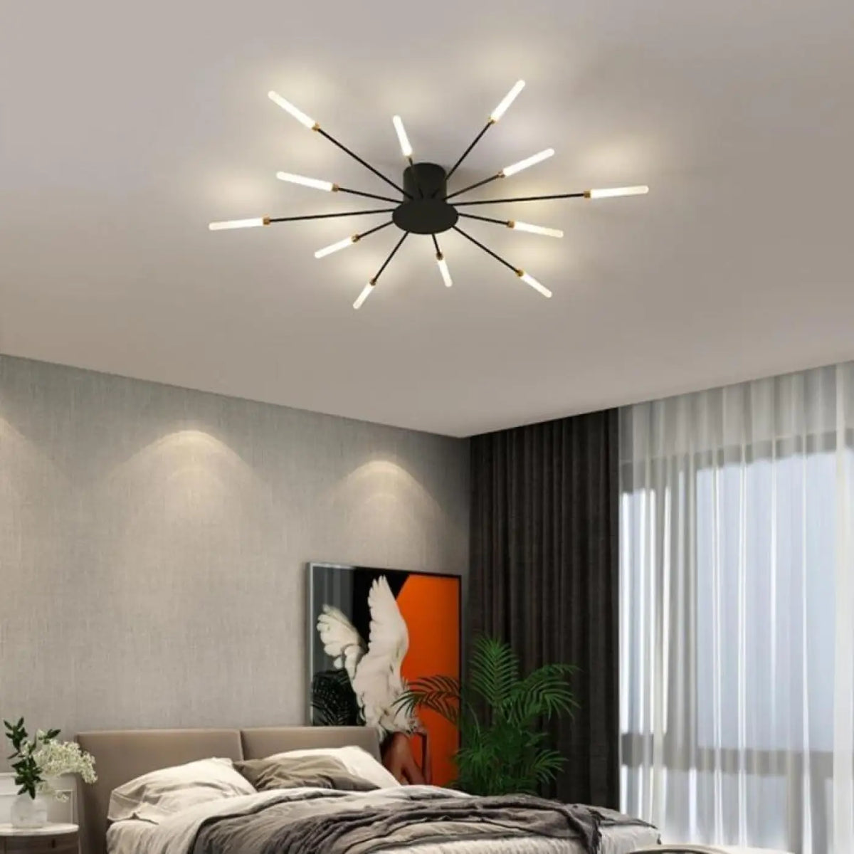 Plafonnier design à tubes lumineux rayonnants, noir ou doré