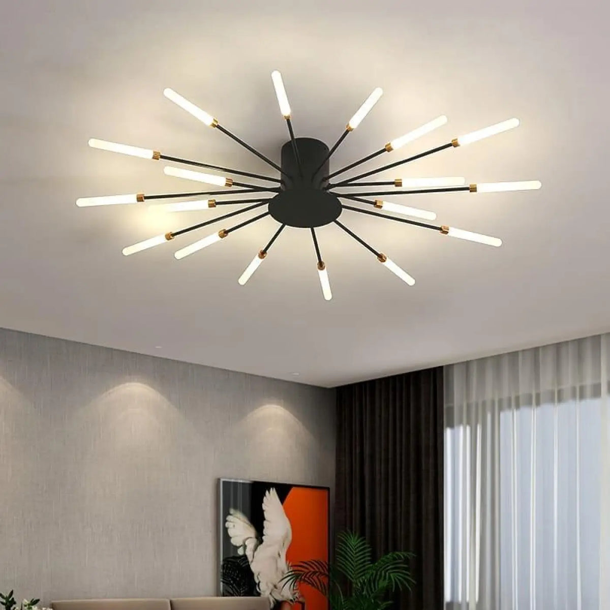 Plafonnier design à tubes lumineux rayonnants, noir ou doré, noir