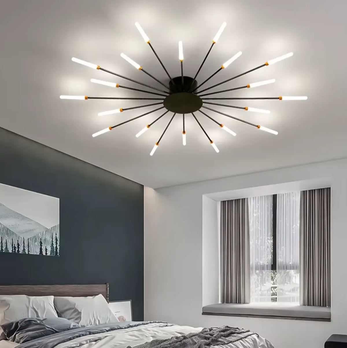 Plafonnier design à tubes lumineux rayonnants, noir ou doré