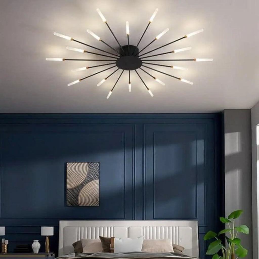 Plafonnier design à tubes lumineux rayonnants, noir ou doré