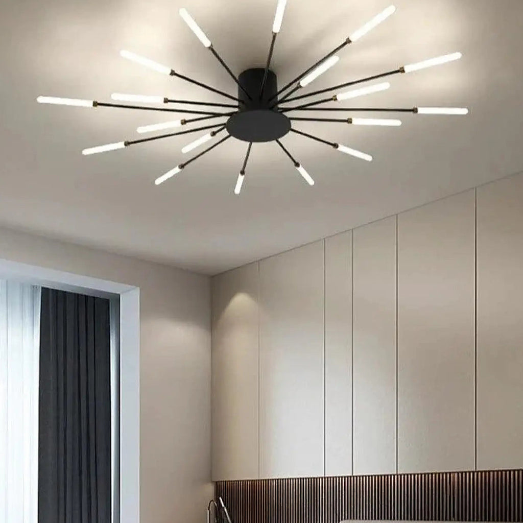 Plafonnier design à tubes lumineux rayonnants, noir ou doré