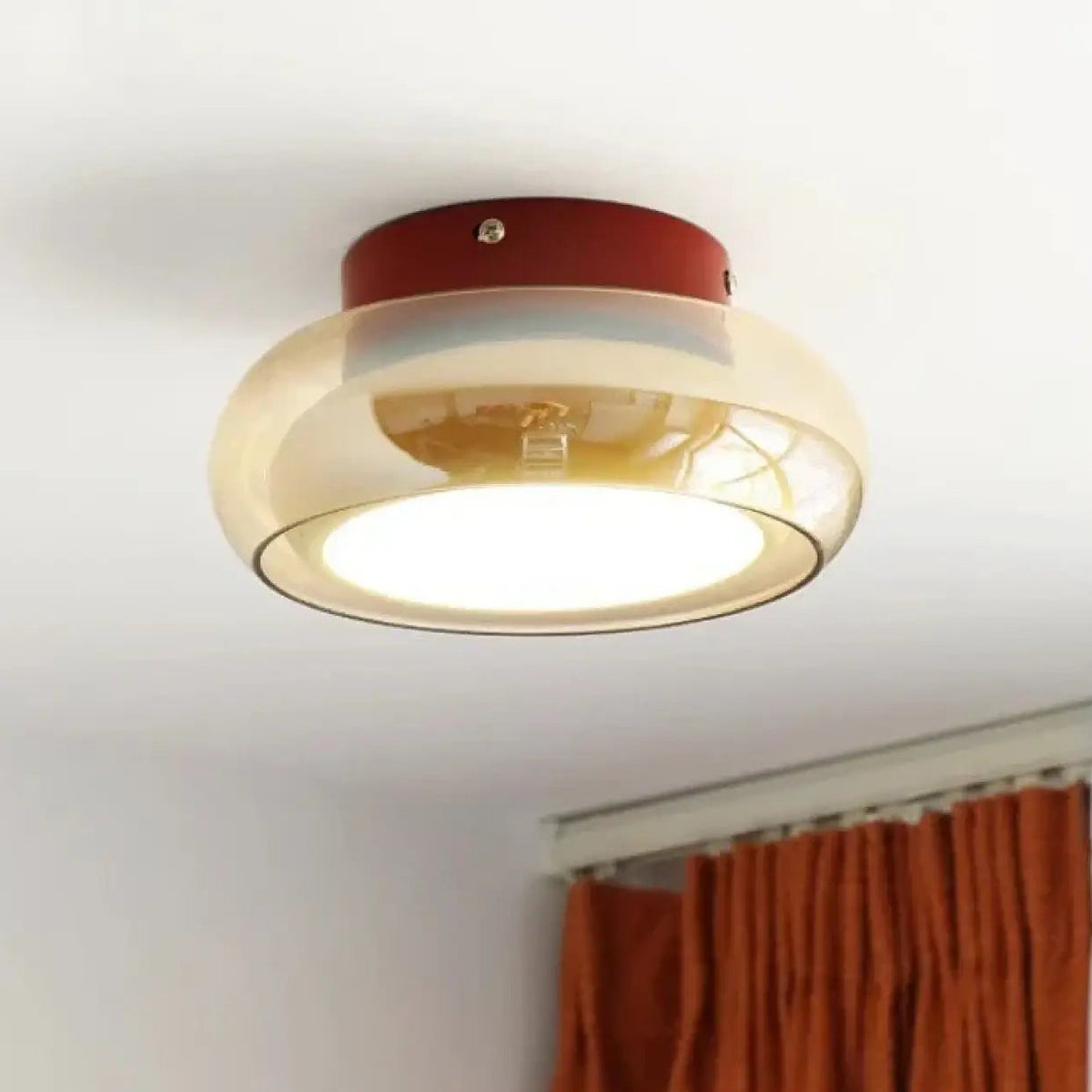 Plafonnier rétro, globe en verre ambré ou gris, base rouge