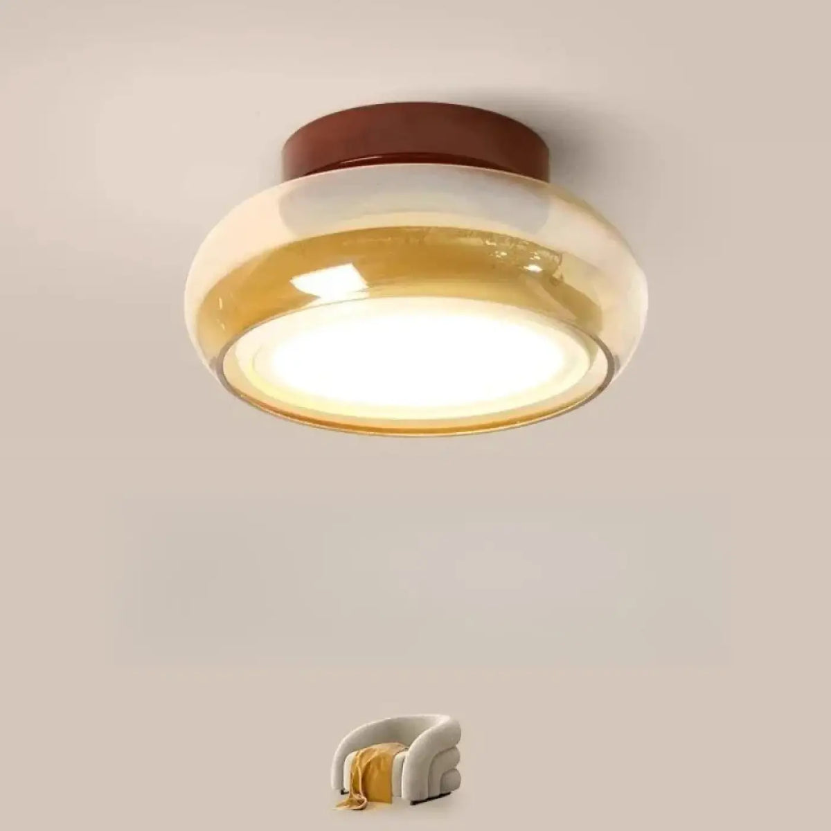 Plafonnier rétro, globe en verre ambré ou gris, base rouge, ambre