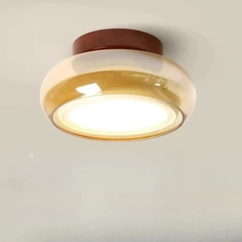 Plafonnier rétro, globe en verre ambré ou gris, base rouge