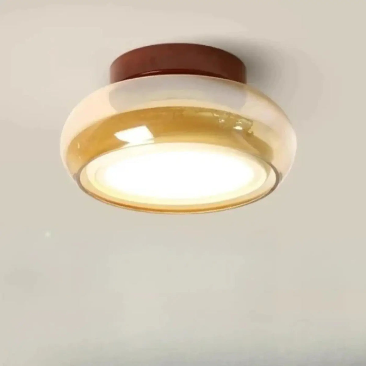 Plafonnier rétro, globe en verre ambré ou gris, base rouge