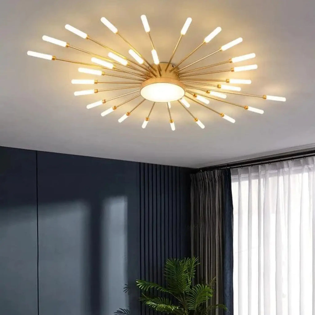 Plafonnier soleil design pour salon, doré ou noir, tailles S et M