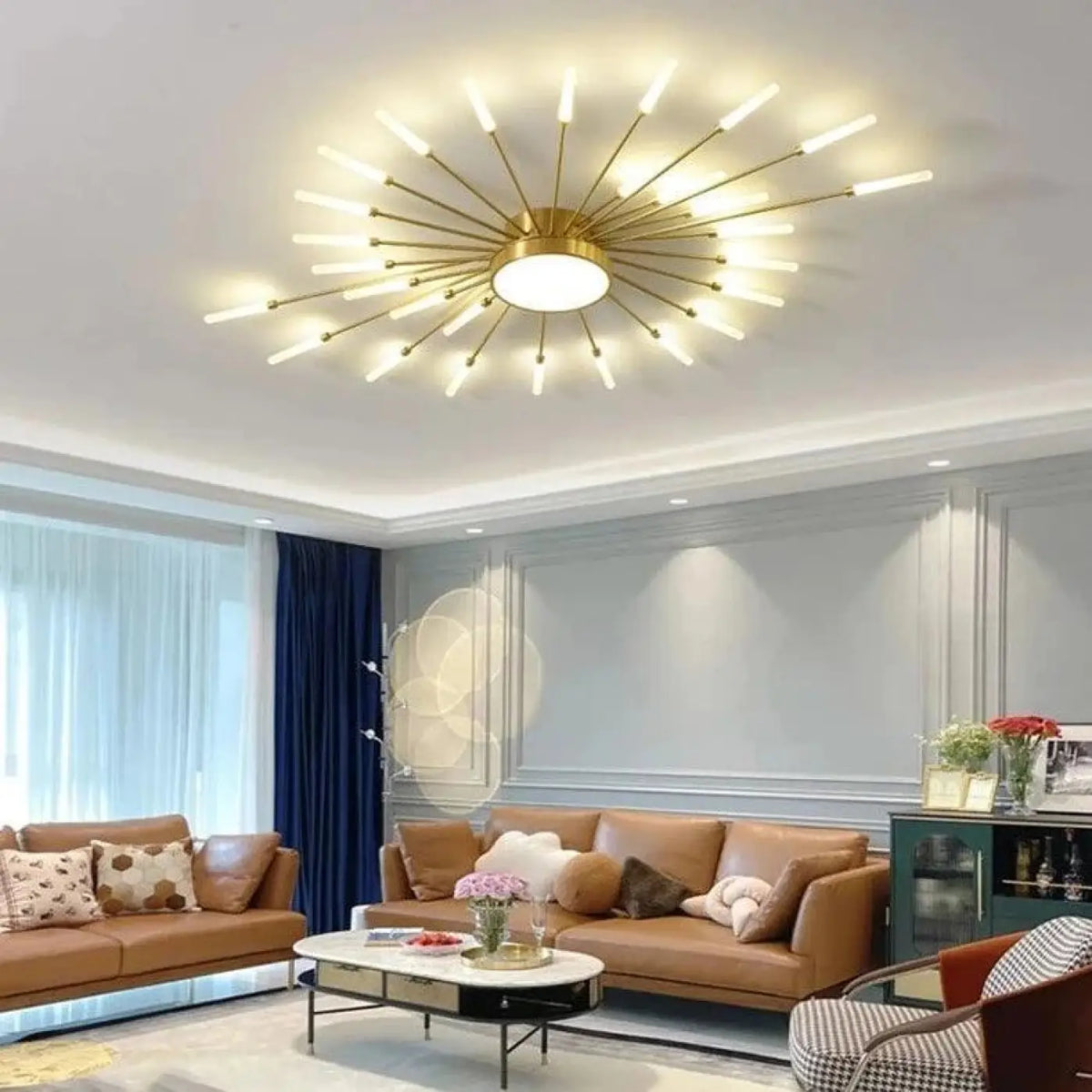 Plafonnier soleil design pour salon, doré ou noir, tailles S et M, doré