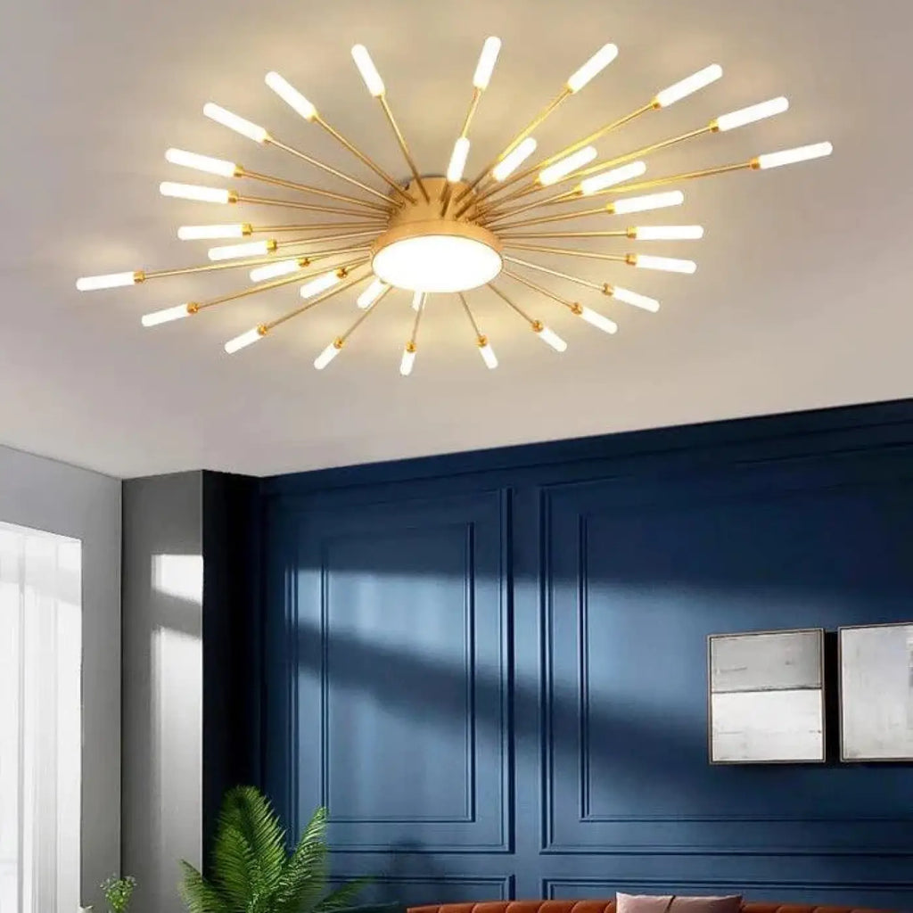 Plafonnier soleil design pour salon, doré ou noir, tailles S et M