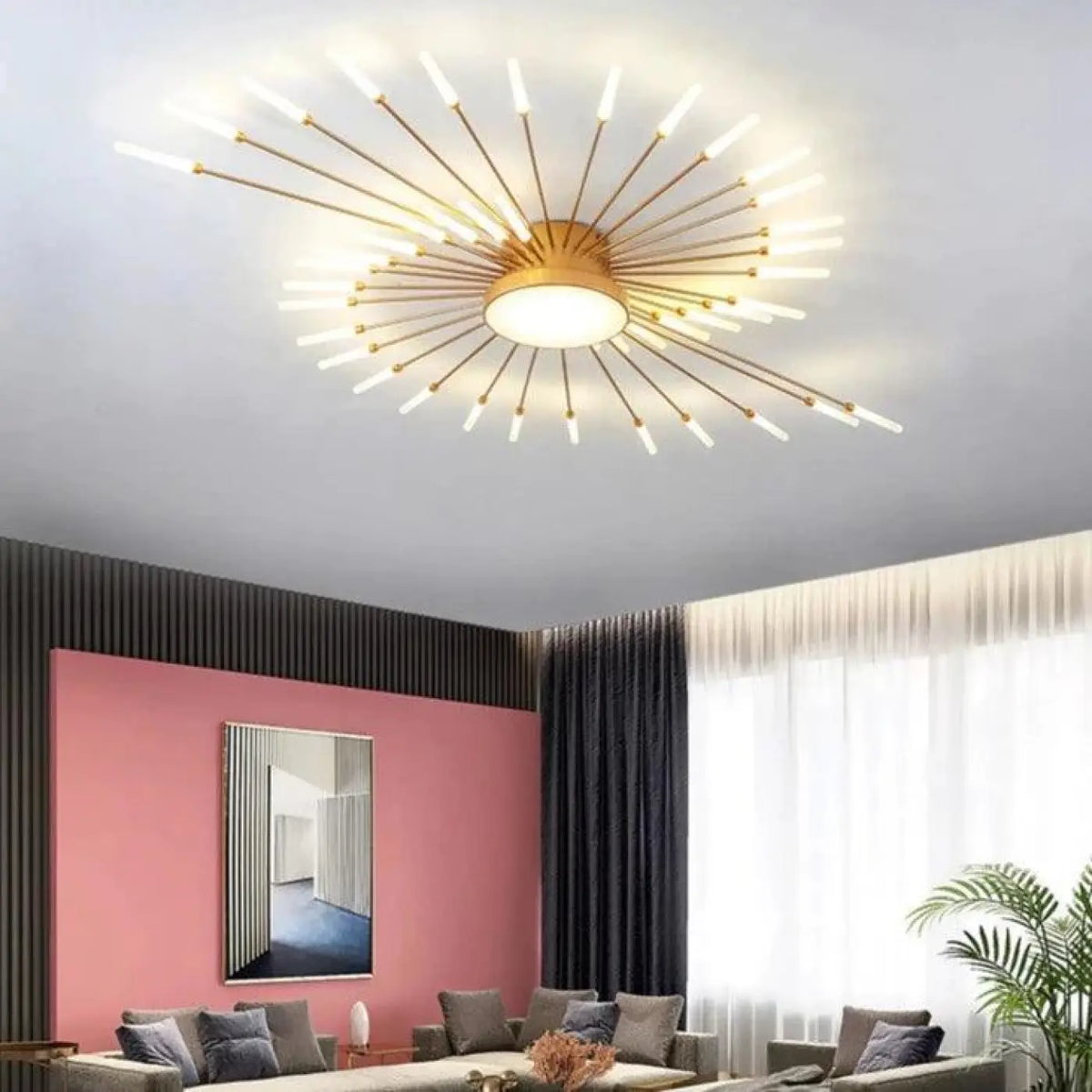 Plafonnier soleil design pour salon, doré ou noir, tailles S et M, doré