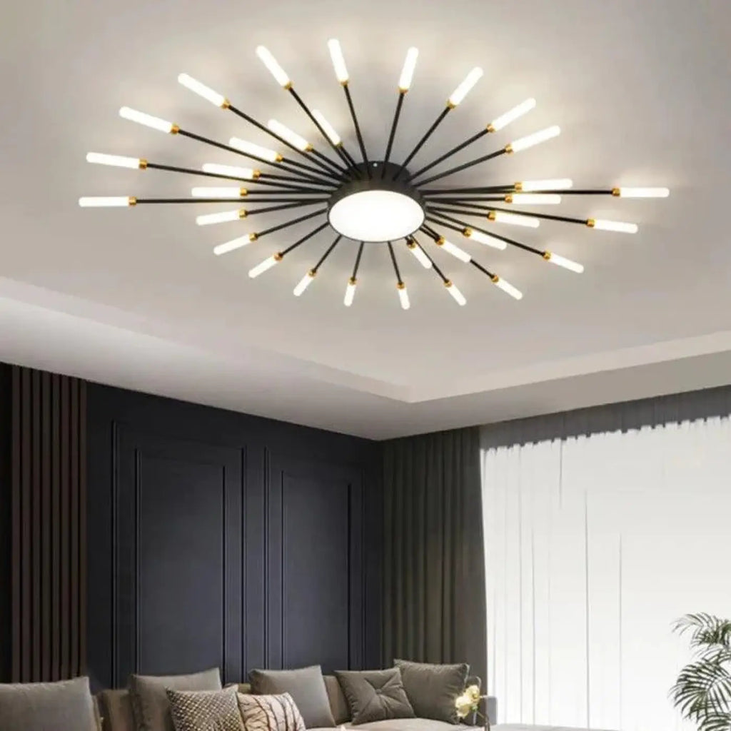 Plafonnier soleil design pour salon, doré ou noir, tailles S et M
