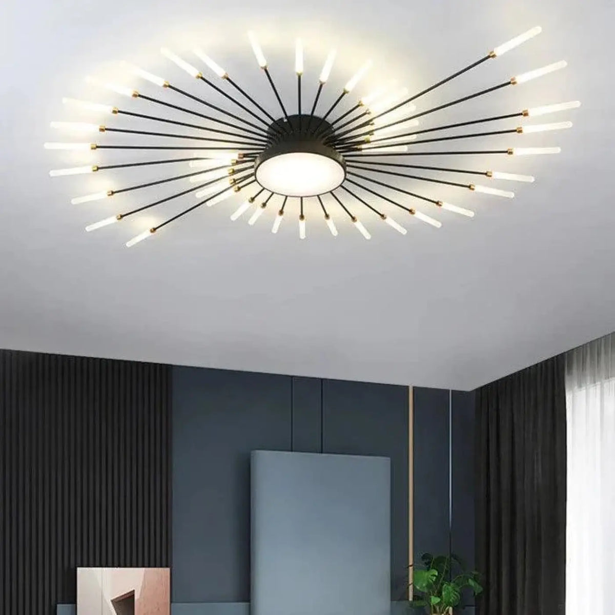 Plafonnier soleil design pour salon, doré ou noir, tailles S et M, noir
