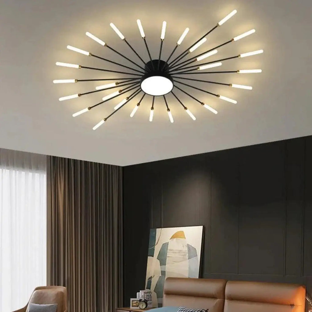 Plafonnier soleil design pour salon, doré ou noir, tailles S et M