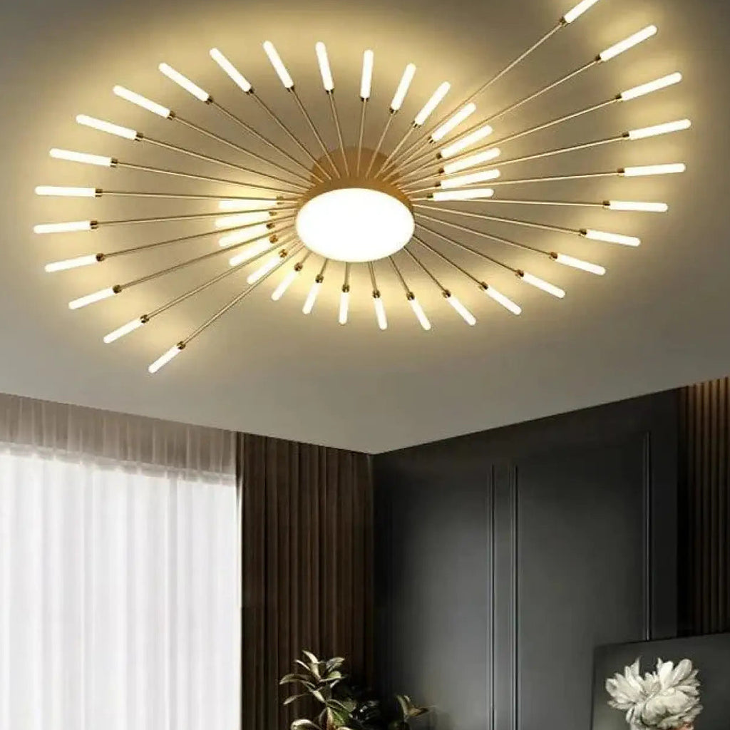 Plafonnier soleil design pour salon, doré ou noir, tailles S et M