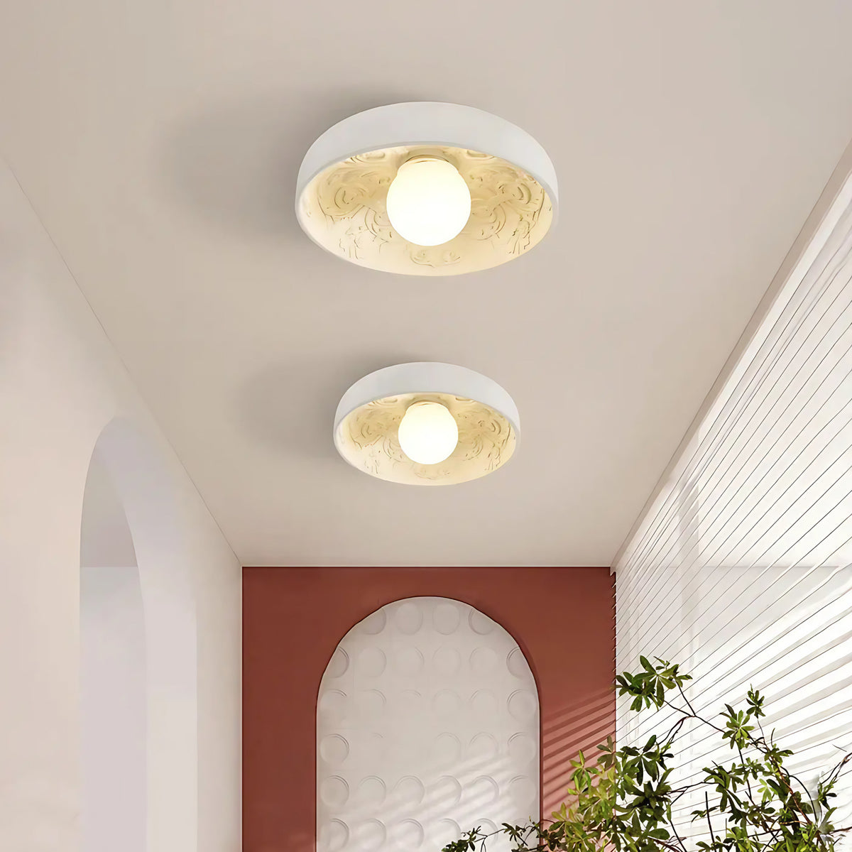 Plafonnier rond à relief floral, beige ou blanc, beige