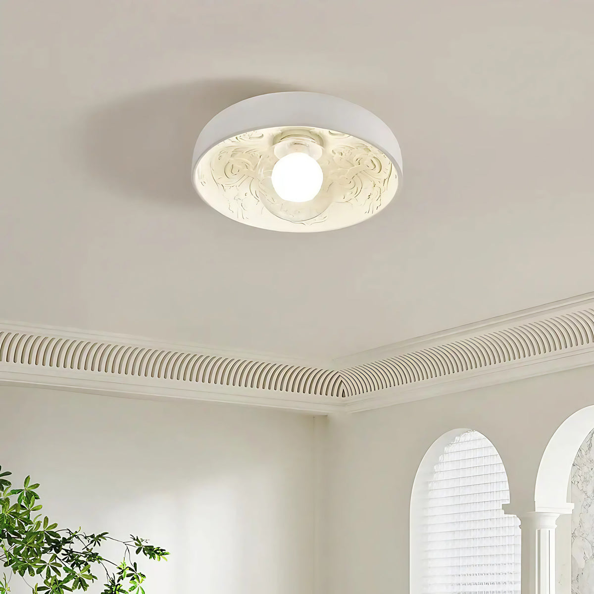 Plafonnier rond à relief floral, beige ou blanc, blanc