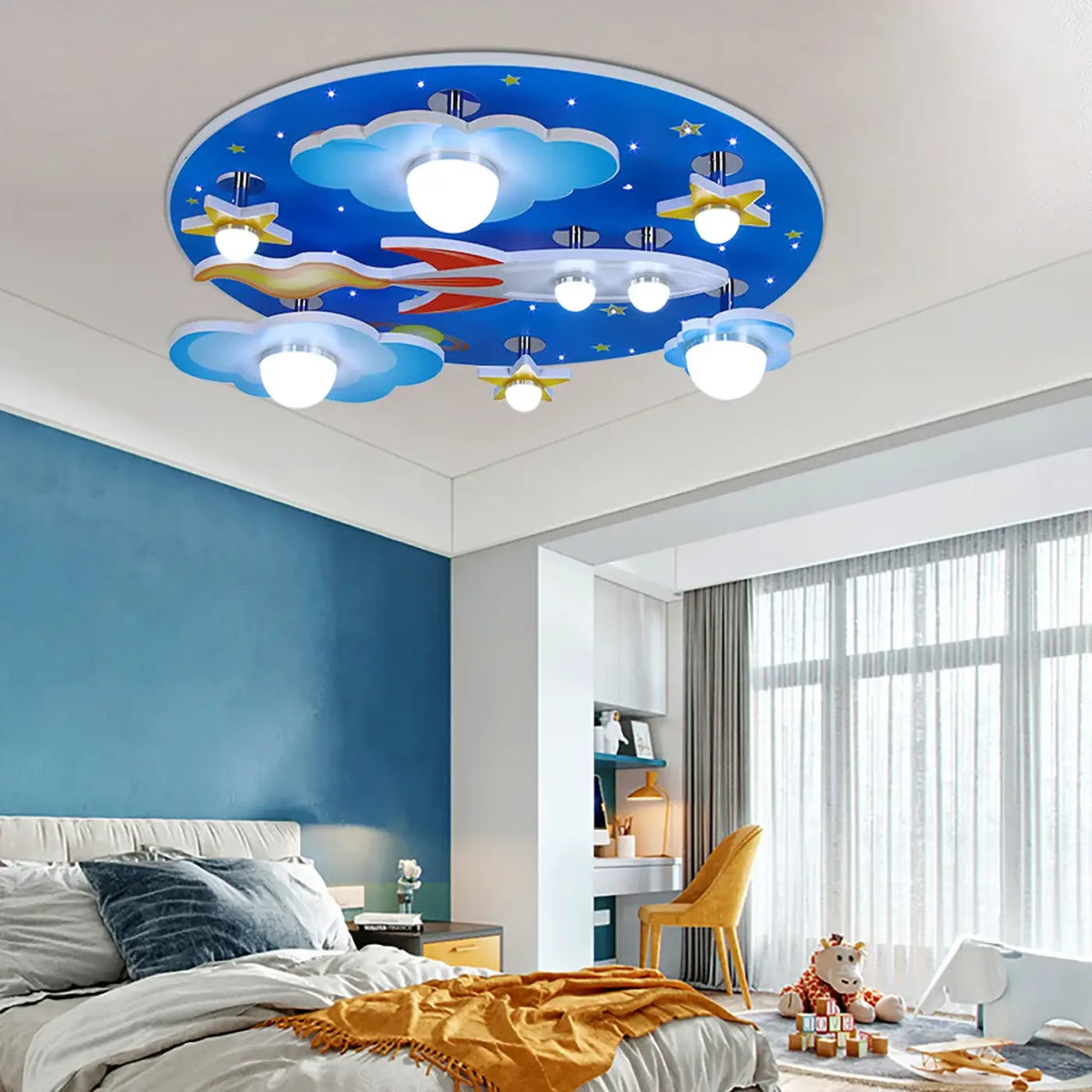 Plafonnier enfant fusée sur fond de ciel étoilé bleu