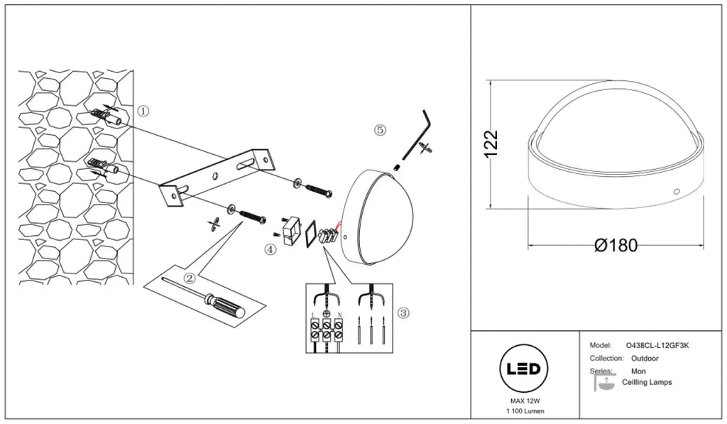 Plafonnier extérieur LED rond IP65 en acier noir, 1100 lumens