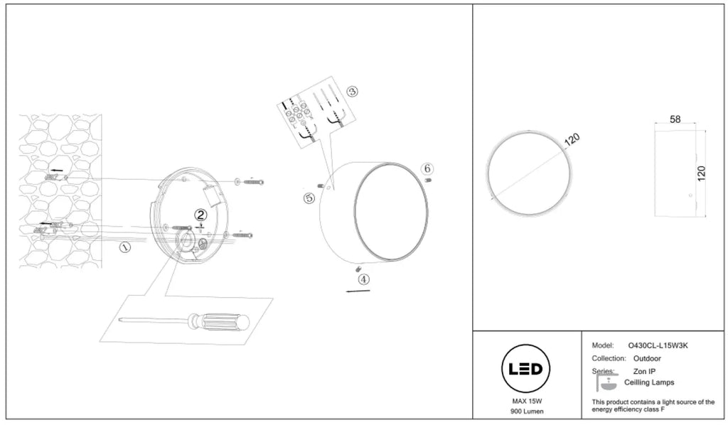 Plafonnier extérieur LED rond en acier, IP65, noir ou blanc