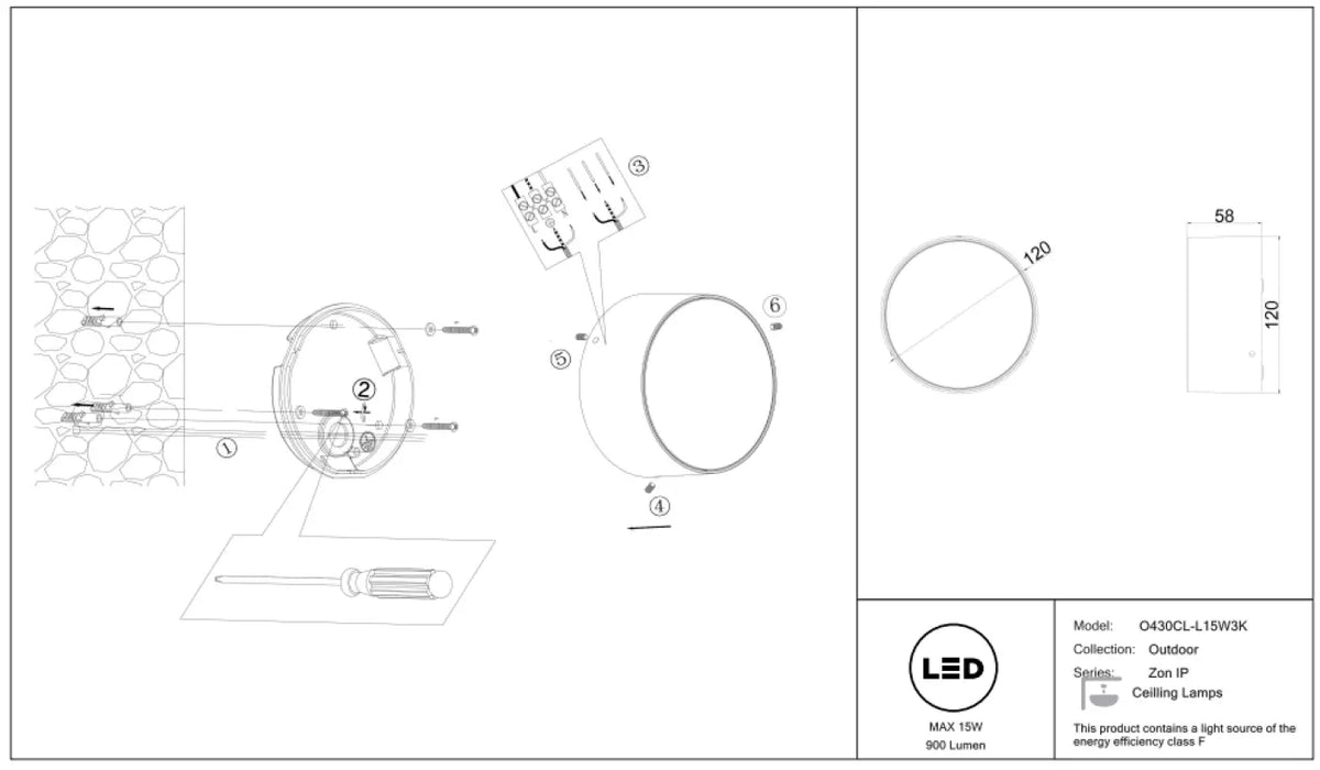 Plafonnier extérieur LED rond en acier, IP65, noir ou blanc