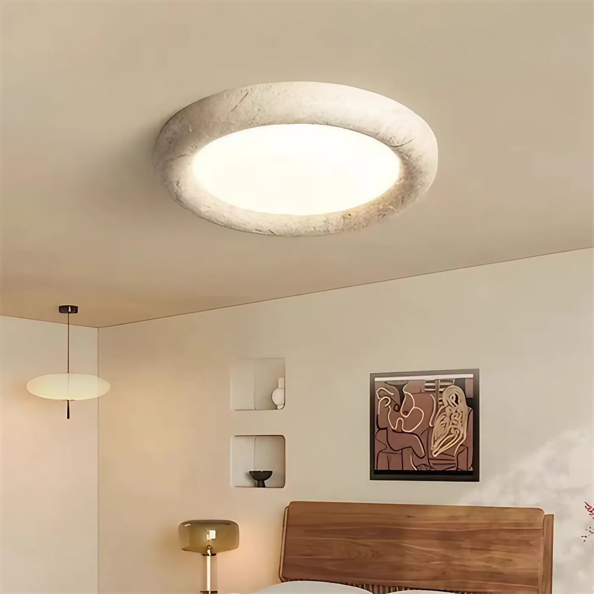 Plafonnier en feutre naturel à diffuseur LED rond, tailles S à XL