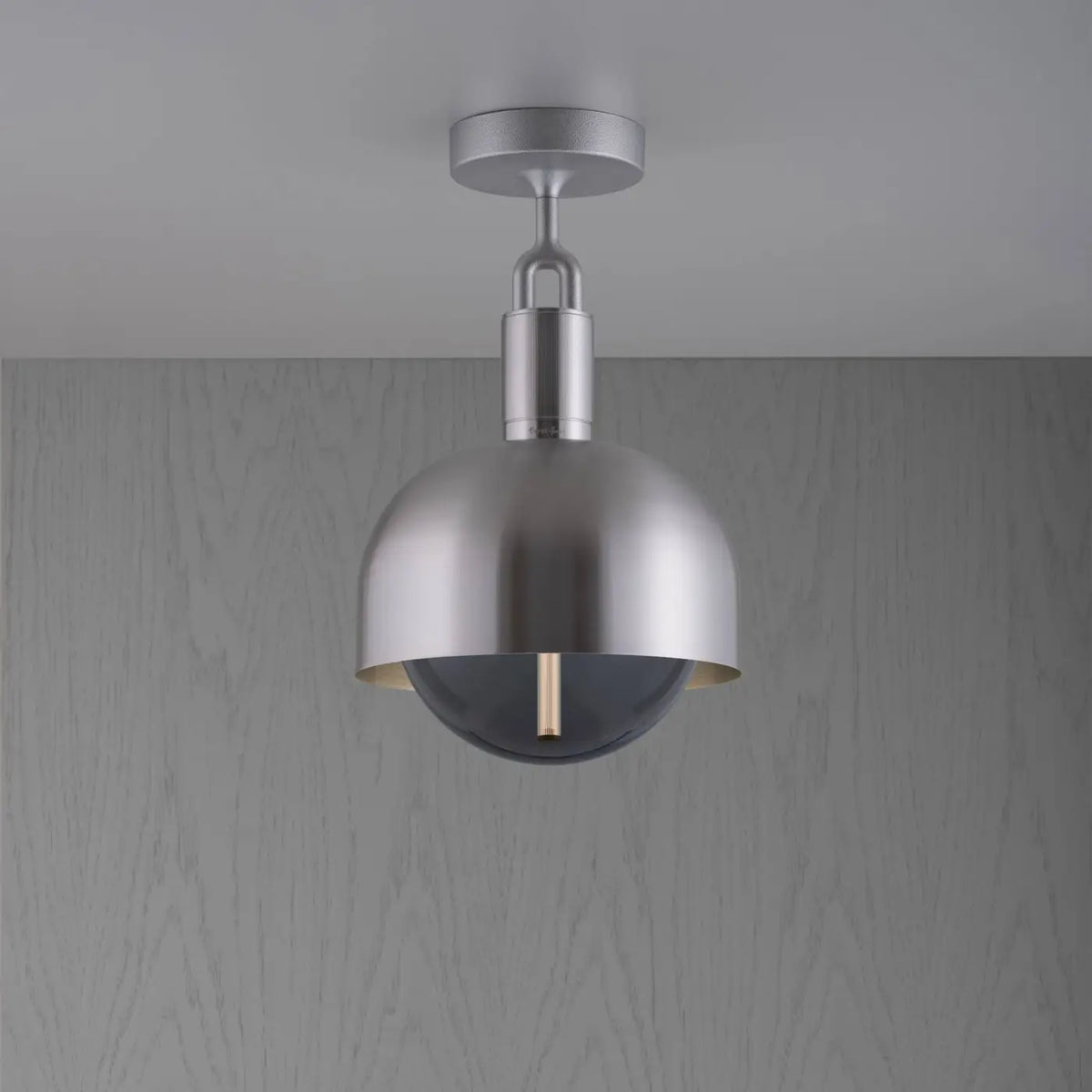 Plafonnier abat-jour demi-sphère en métal et globe en verre, argenté