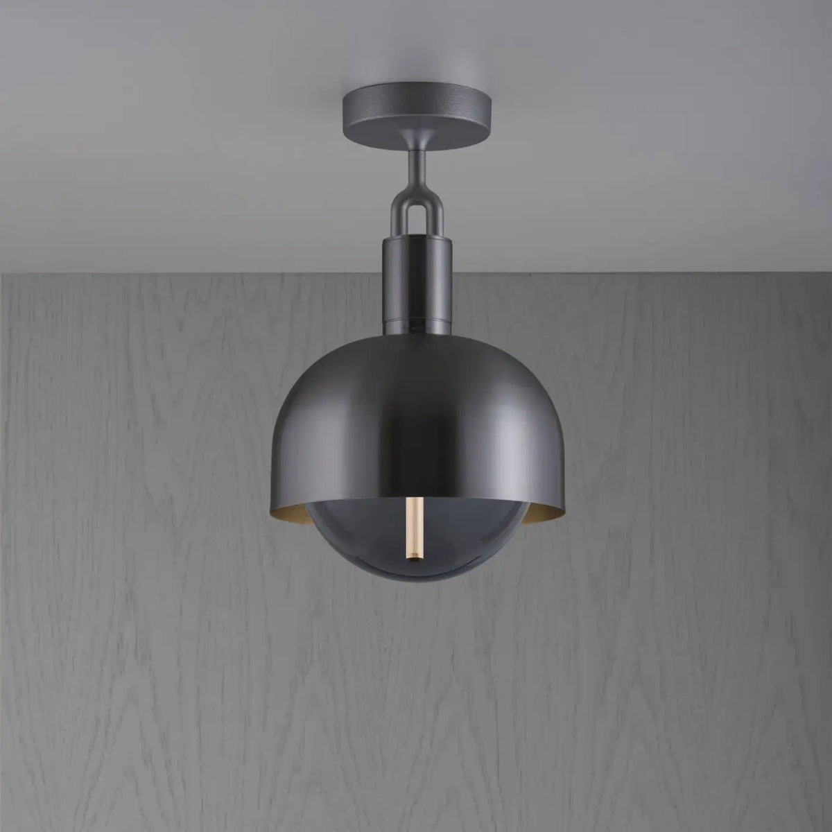 Plafonnier abat-jour demi-sphère en métal et globe en verre, gris