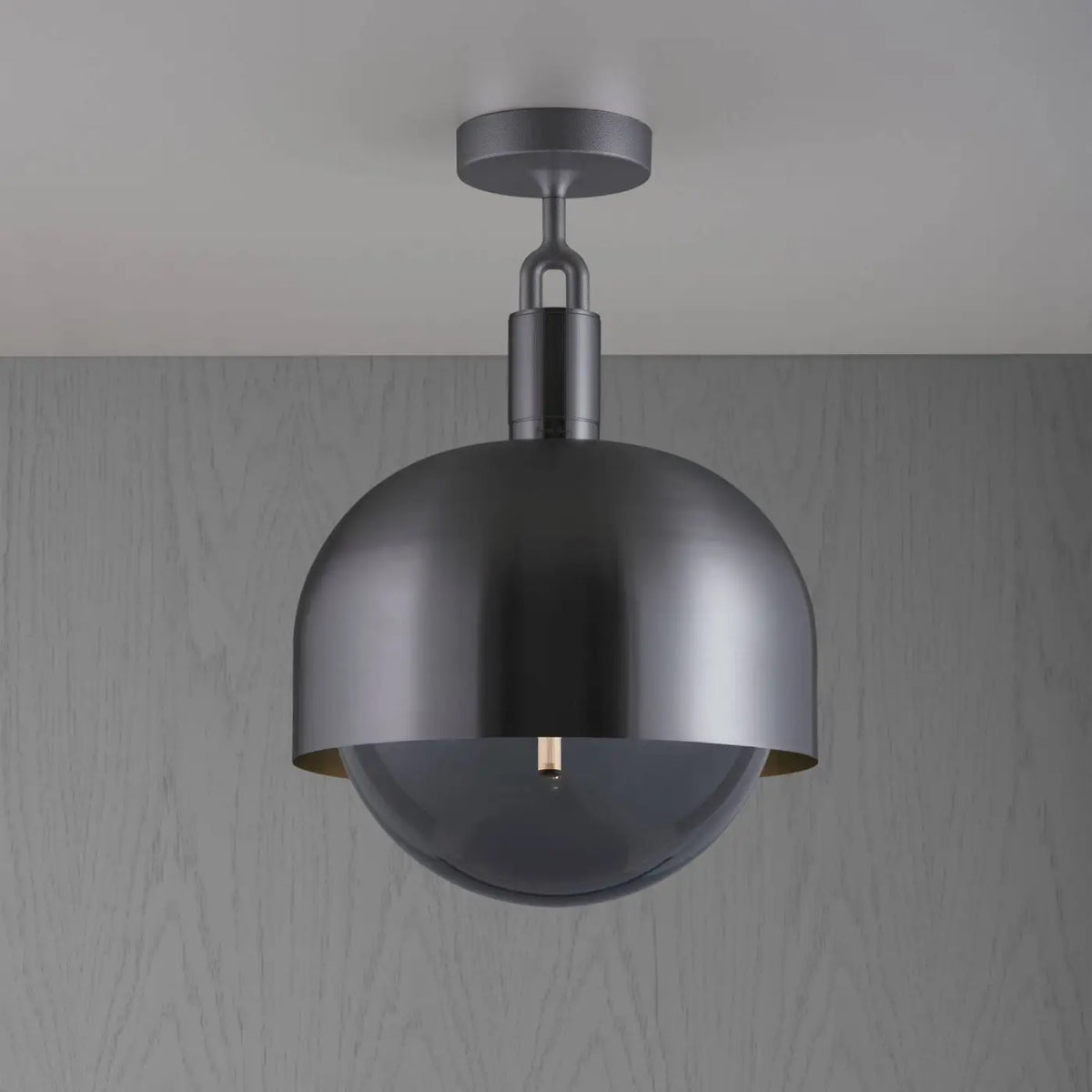 Plafonnier abat-jour demi-sphère en métal et globe en verre, gris