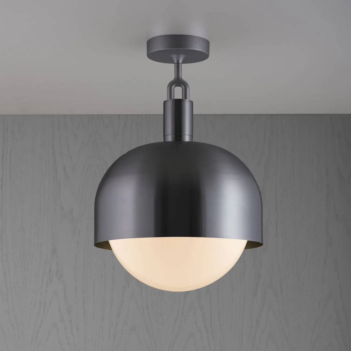 Plafonnier abat-jour demi-sphère en métal et globe en verre, gris