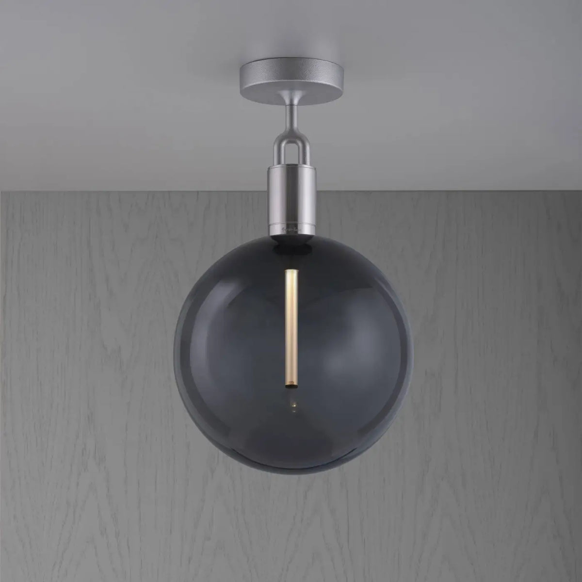 Plafonnier globe soufflé, verre fumé ou opale, ampoule fournie, argenté
