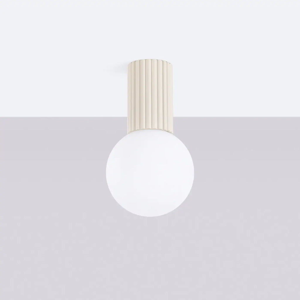 Plafonnier globe en verre givré sur col cannelé, IP44, 16 couleurs, beige