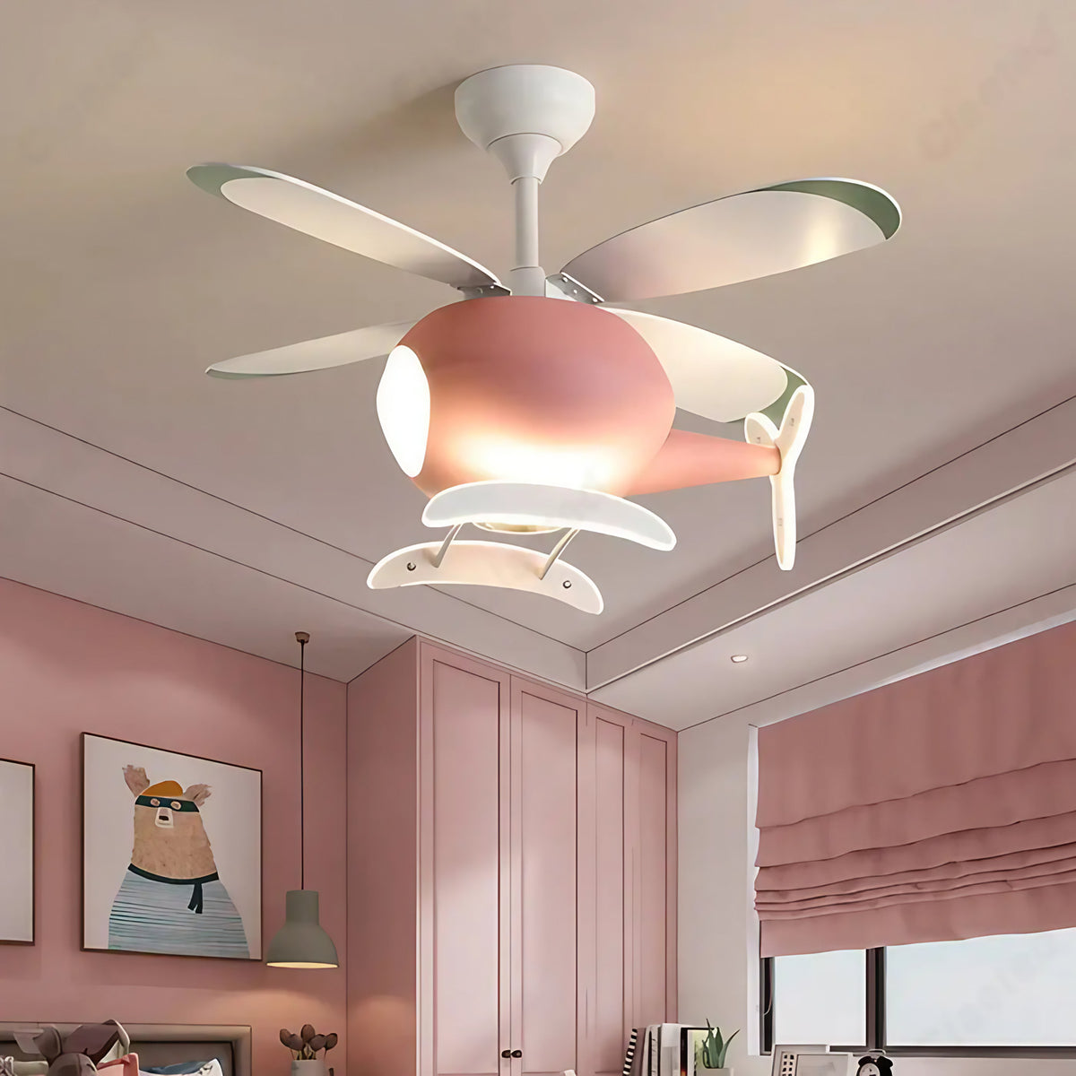 Plafonnier hélicoptère avec ventilateur pour chambre d'enfant, rose