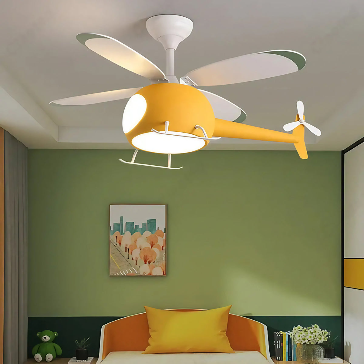 Plafonnier hélicoptère avec ventilateur pour chambre d'enfant, jaune